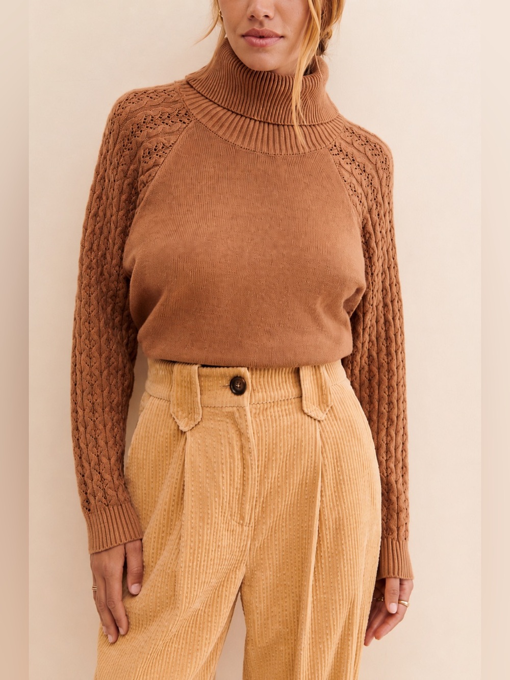 BB Dakota Steve Madden Cable Knit Turtleneck Sweater Camel Brown Size S